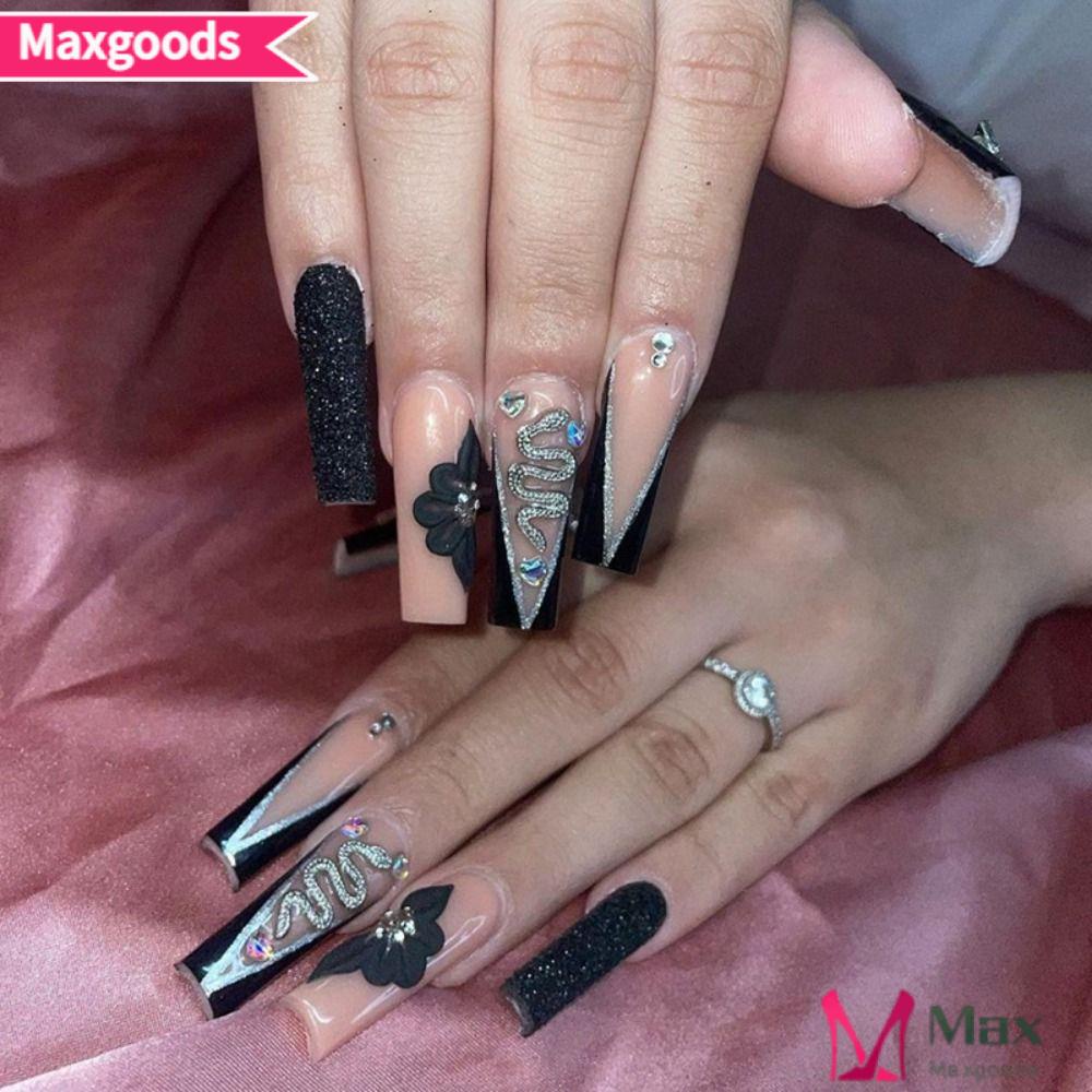 Bộ 24 Móng Tay Giả Dạng Nhấn|Vỏ Bọc Bảo Vệ Toàn Diện Họa Tiết Da Rắn Chuyên Dùng Cho Múa Ba Lê