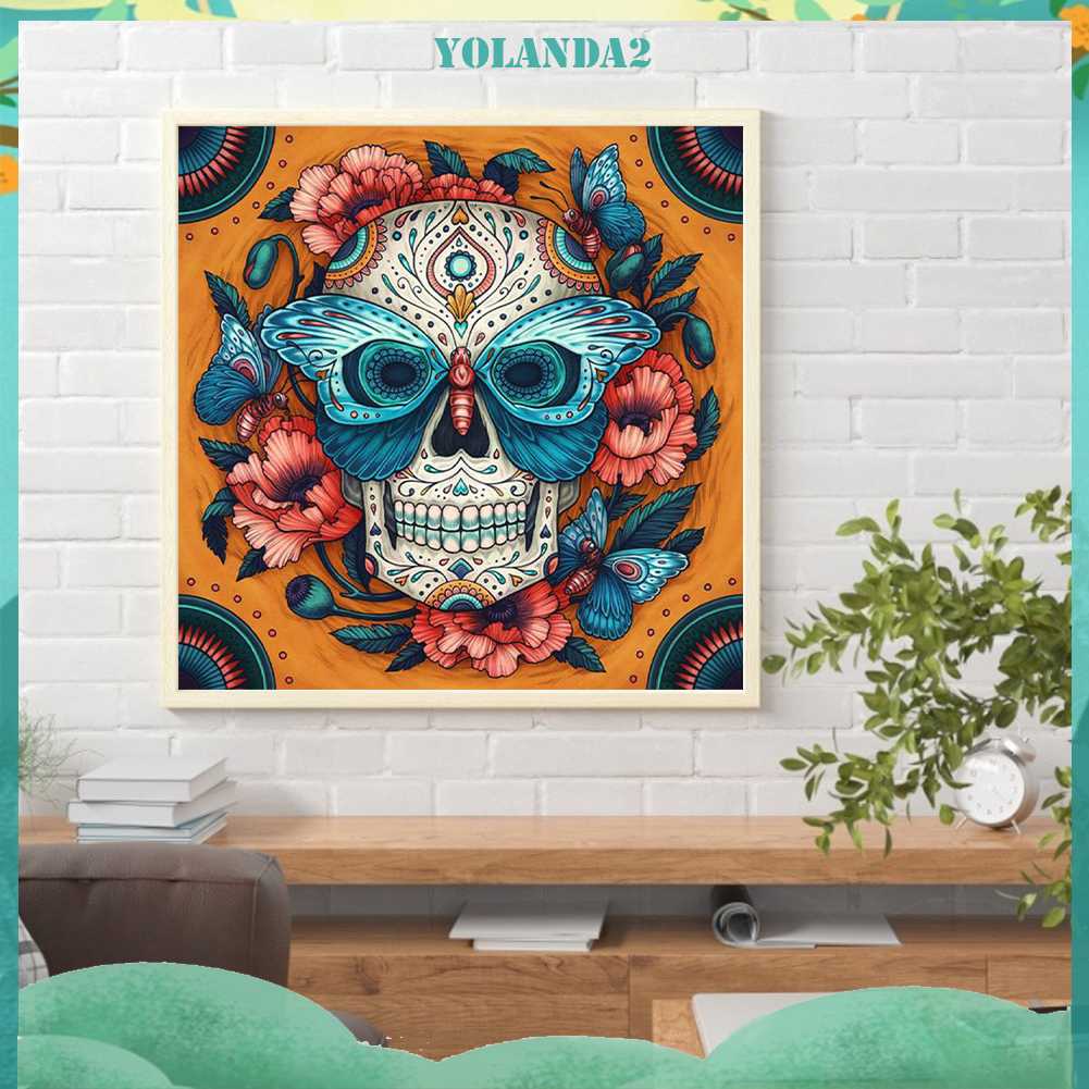 Tranh Đính Đá Kim Cương Toàn Bộ 5D DIY Hình Đầu Lâu Và Hoa