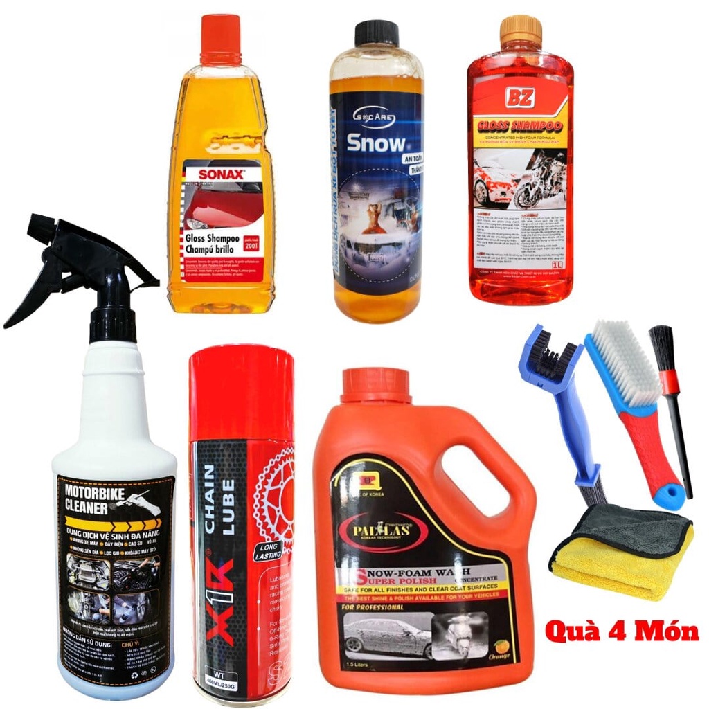 Combo 3 Chai Chăm Sóc Xe Tại Nhà Motorbike Cleaner,Dưỡng Sên x1r,Rửa Xe Pallas,Sonax,Socare,Bz Tặng Quà 4 Món