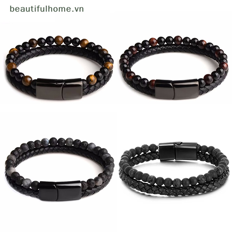 Vòng Đeo Tay Bằng Da Thật Đính Đá Mắt Hổ Từ Tính Màu Đen Thời Trang Cho Nam