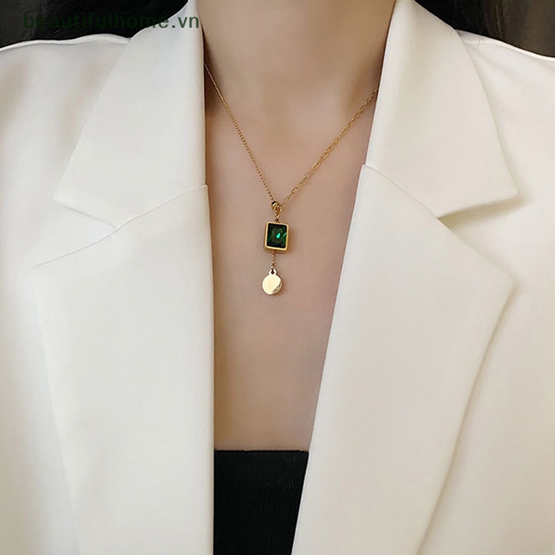 Vòng cổ Mặt Đá Xanh Lá Bằng Thép Không Gỉ Phong Cách Hip Hop Thời Trang Cho Nữ