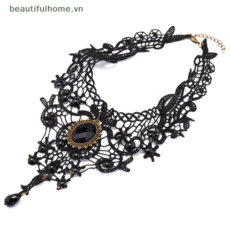 Vòng Cổ Choker Ren Đính Hạt Đá Quý Màu Đen Phong Cách Gothic Quyến Rũ Làm Quà Tặng Đẹp Cho Phụ Nữ [beauty]