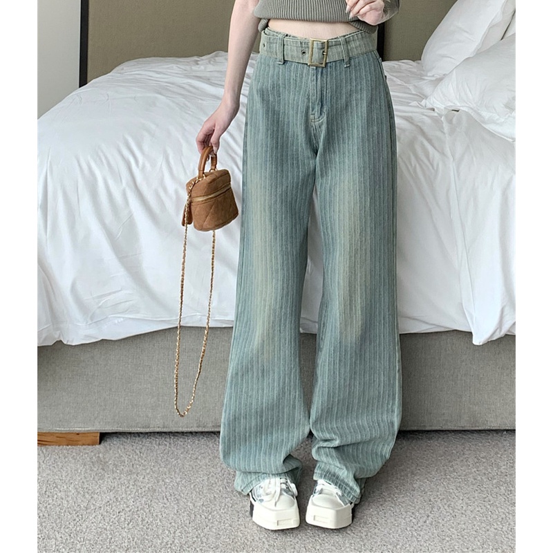 Quần Jean Lưng Cao Ống Rộng Họa Tiết Kẻ Sọc Hợp Thời Trang