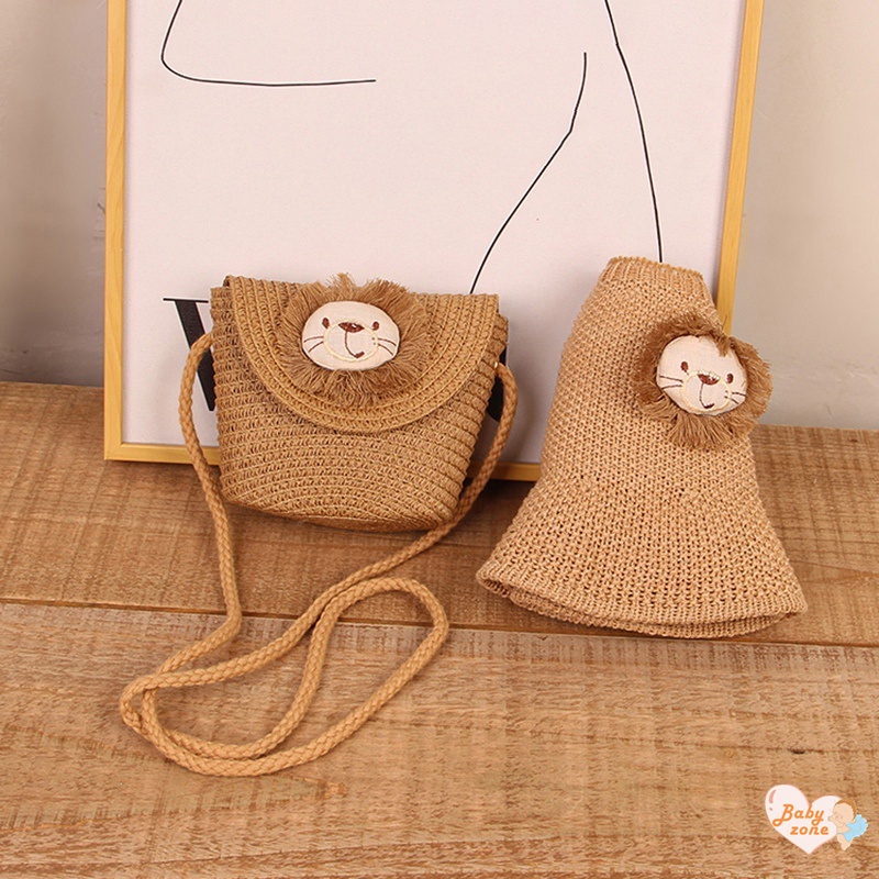 Khung Thành Cho Bé Chất Lượng Cao❤Mũ Cói Hở Chóp Thêu Hình Sư Tử Hoạt Hình Phong Cách Hàn Quốc Cho Nữ