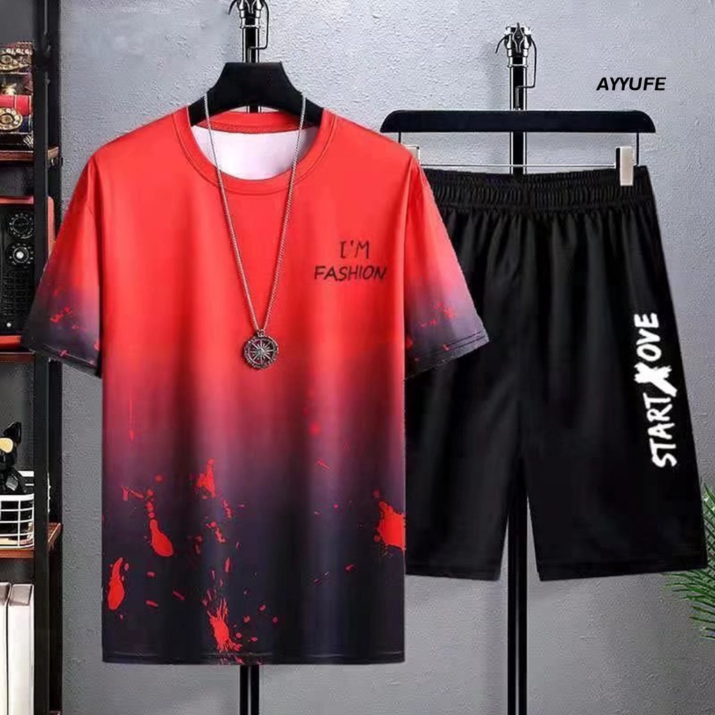 Bộ Trang Phục 2 Mảnh Gồm Áo Thun Tay Ngắn Cổ Tròn + Quần Short Vải Lụa Lạnh Lưng Thun Phối Túi Màu Sắc Gradient Thời Trang Cho Nam
