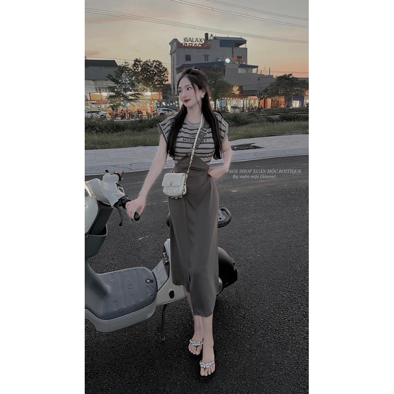 SET ÁO KẺ CHỮ CHÂN VÁY XANH RÊU DÂY ĐAI lương su shop