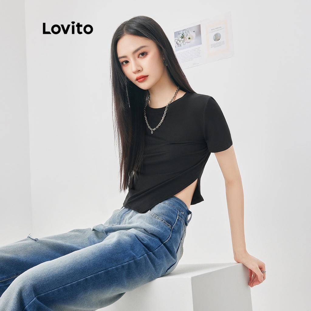 Áo thun Lovito màu trơn bất đối xứng xẻ tà phong cách thường ngày dành cho nữ L52AD021 (đen)