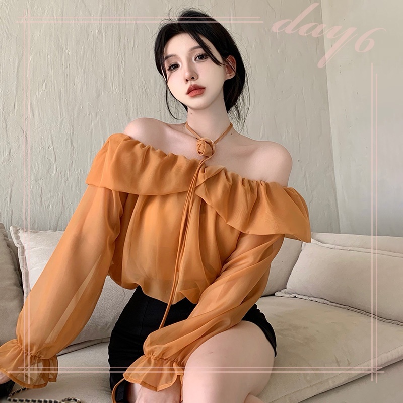 Áo Sơ Mi Chiffon Tay Dài Trễ Vai Dáng Ôm In Họa Tiết Hoa Xinh Xắn Thời Trang Cho Nữ