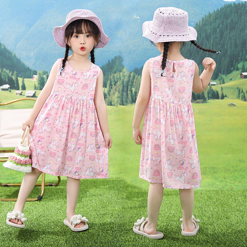 Đầm Sát Nách Chất Liệu cotton Lụa Mỏng Nhẹ In Họa Tiết Hoa Dễ Thương Thời Trang Mùa Hè Cho Bé Gái Từ 2-8 Tuổi