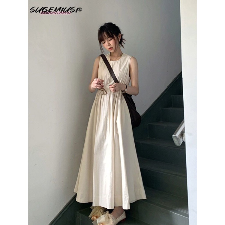 Sugemiusi Đầm Dài Dáng Ôm Cổ Tròn Không Tay Xẻ Tà Trà Hoa Phong Cách Pháp Thời Trang Mùa Hè Cao Cấp Cho Nữ