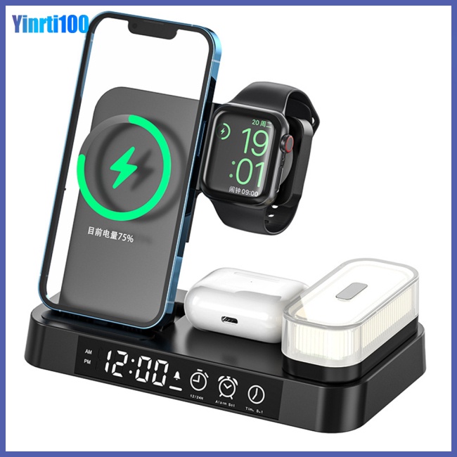 Đế Sạc Nhanh Không Dây 4 Trong 1 Kiêm Đồng Hồ Báo Thức Kiêm Tai Nghe Cho Điện Thoại / Đồng Hồ