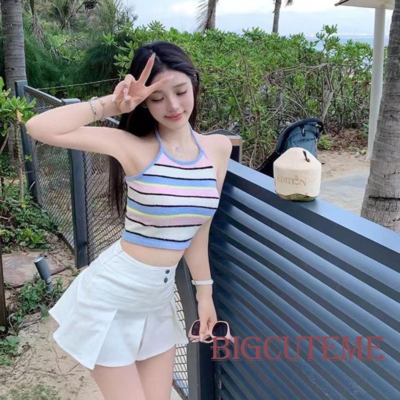 [] - Áo Croptop Dệt Kim Không Tay Kẻ Sọc Nhiều Màu Sắc Mùa Hè Cho Nữ