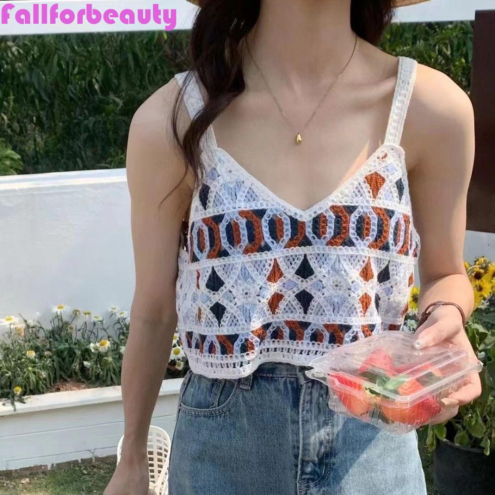 Fallforbeauty Áo Croptop Dệt Kim Không Tay Phong Cách Hàn Quốc Ngọt Ngào Cho Nữ
