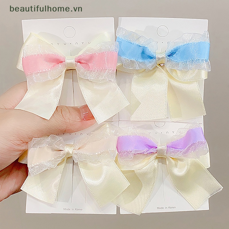 Kẹp Tóc Nơ Phối Lưới Thời Trang Ngọt Ngào Cho Bé Gái