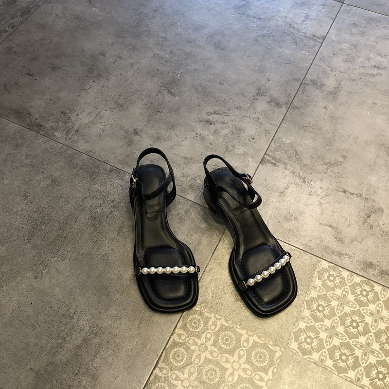 Duoya Tóc Thẳng ~ [Hàng Có Sẵn] Giày Sandal Hở Ngón Gót Dày Vừa Quai Đính Ngọc Trai Thời Trang Hàn Quốc Cho Nữ