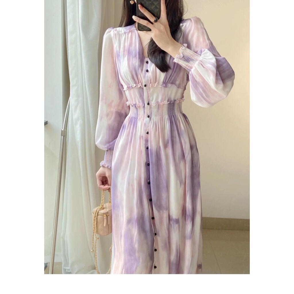 Đầm Chiffon Dài Tay Màu Nhuộm Ôm Eo Thời Trang Mùa Xuân Pháp Cho Nữ