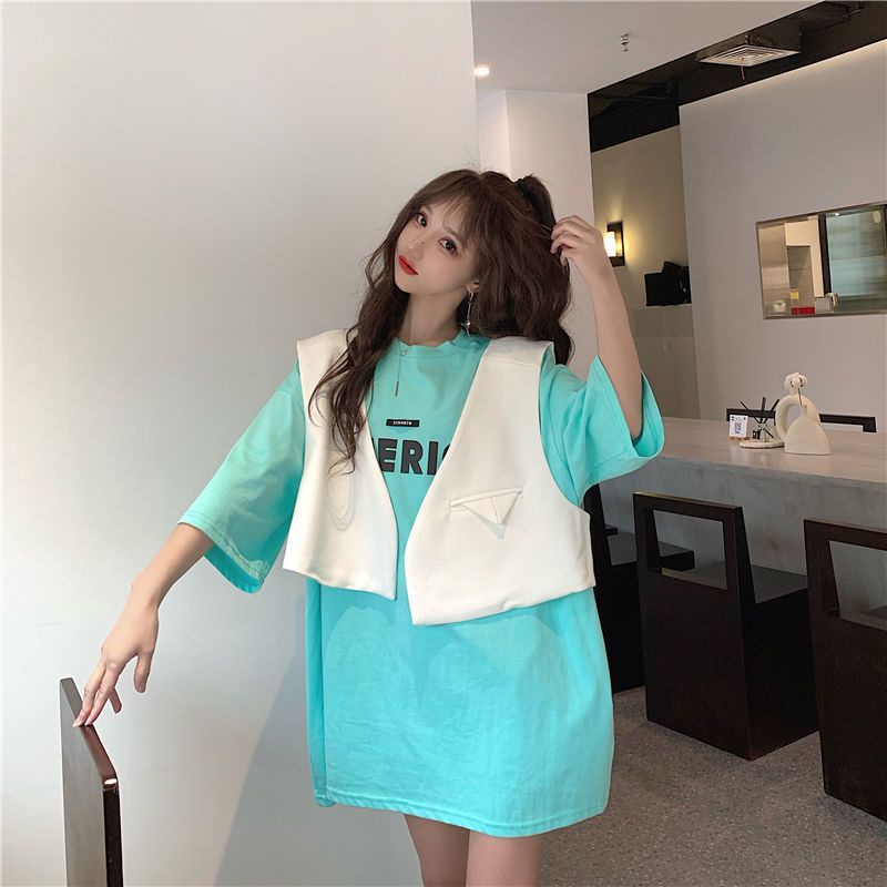 Plus Set Áo Thun Ngắn Tay Màu Trơn Và Áo Khoác Cộc Tay Dáng Dài Vừa Vặn Phong Cách Hàn Quốc