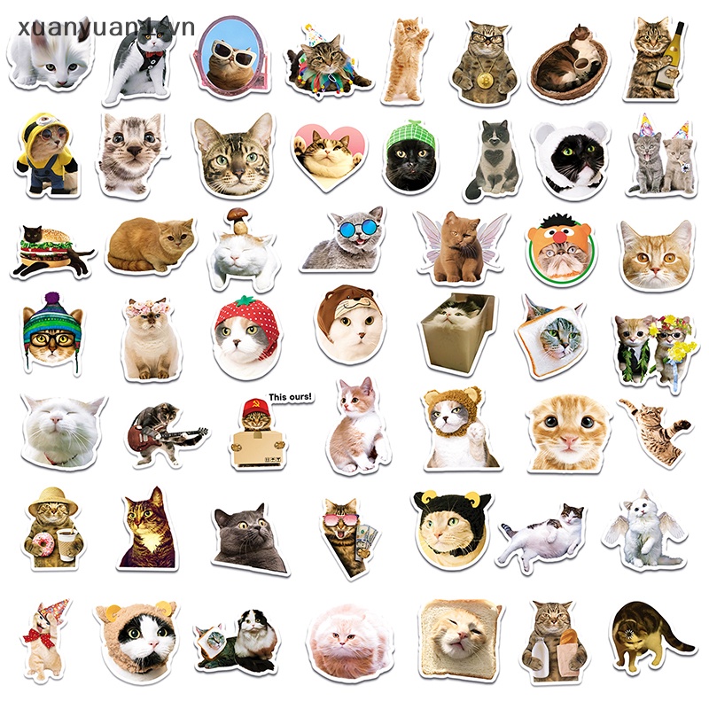 Set 50 Miếng Dán Trang Trí Hình Mèo Phong Cách Vintage