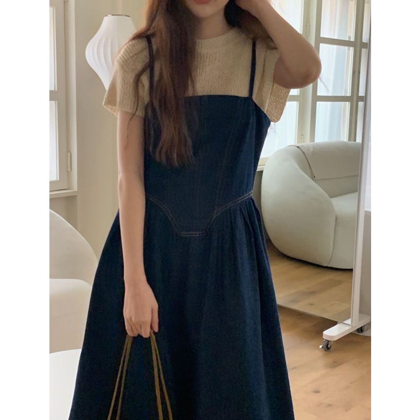 Bộ Áo Dệt Kim + Váy Yếm Denim Lưng Cao Thời Trang Mùa Hè Hàng Mới 2023 Dành Cho Bạn Nữ