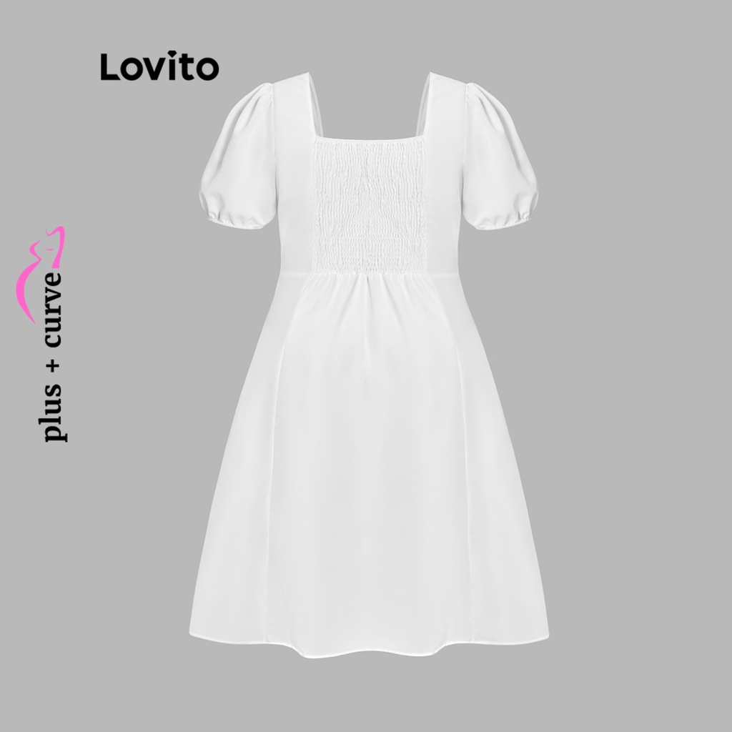 Lovito Váy tay phồng có đường cong cỡ lớn giản dị dành cho nữ LPS11060 (Trắng)