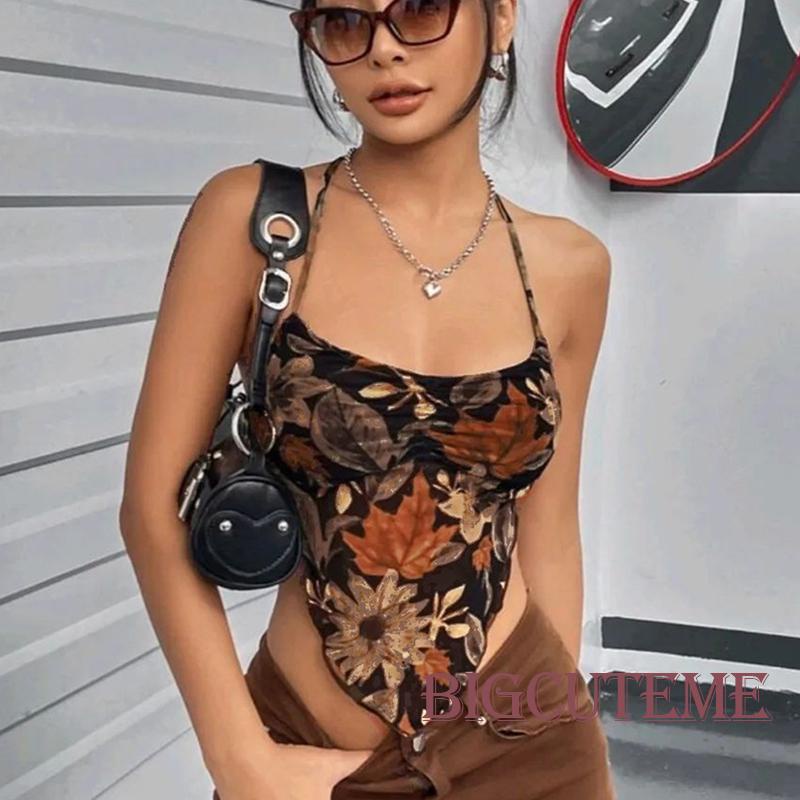 [] - Áo Croptop Không Tay Hở Lưng Cột Dây Ôm Dáng Họa Tiết Hoa Thời Trang Mùa Hè Đường Phố Cho Nữ