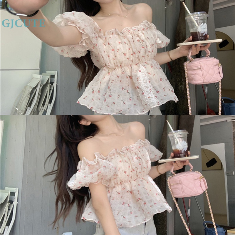 Áo Kiểu Trễ Vai Tay Ngắn Phối Bèo Họa Tiết Hoa Thời Trang Mùa Hè Cho Nữ