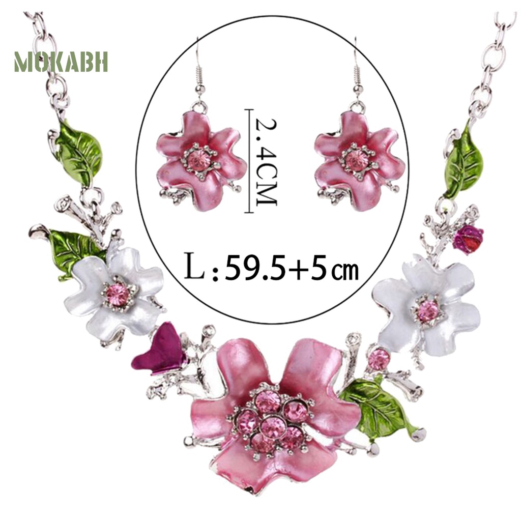 [Mok Abh] Bộ Vòng cổ + Bông Tai Đính Kim Cương Giả Hình Hoa Nhiều Màu Cho Nữ