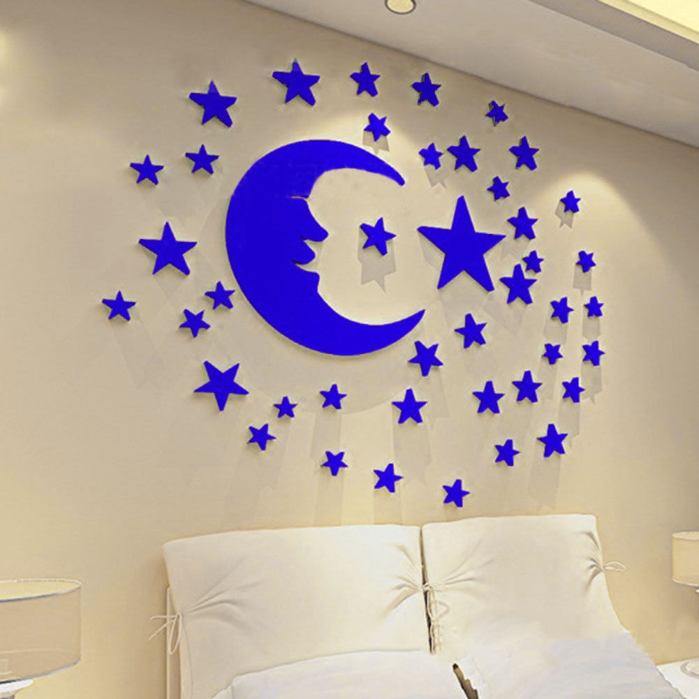 Set 38 Miếng Dán Tường Tráng Gương Acrylic Hình Mặt Trăng 3D Có Thể Tháo Gỡ