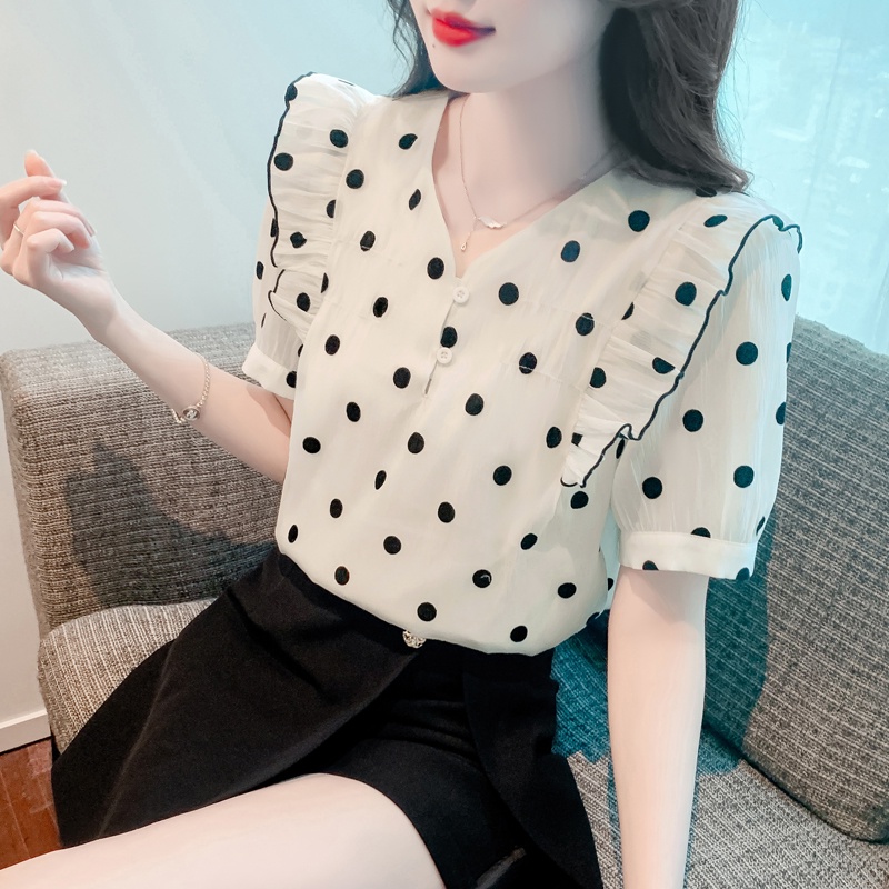 Áo Sơ Mi Nữ Tay Ngắn Phối Ren Họa Tiết Chấm Bi 23 Màu Tương Phản Phong Cách Mới Thanh Lịch