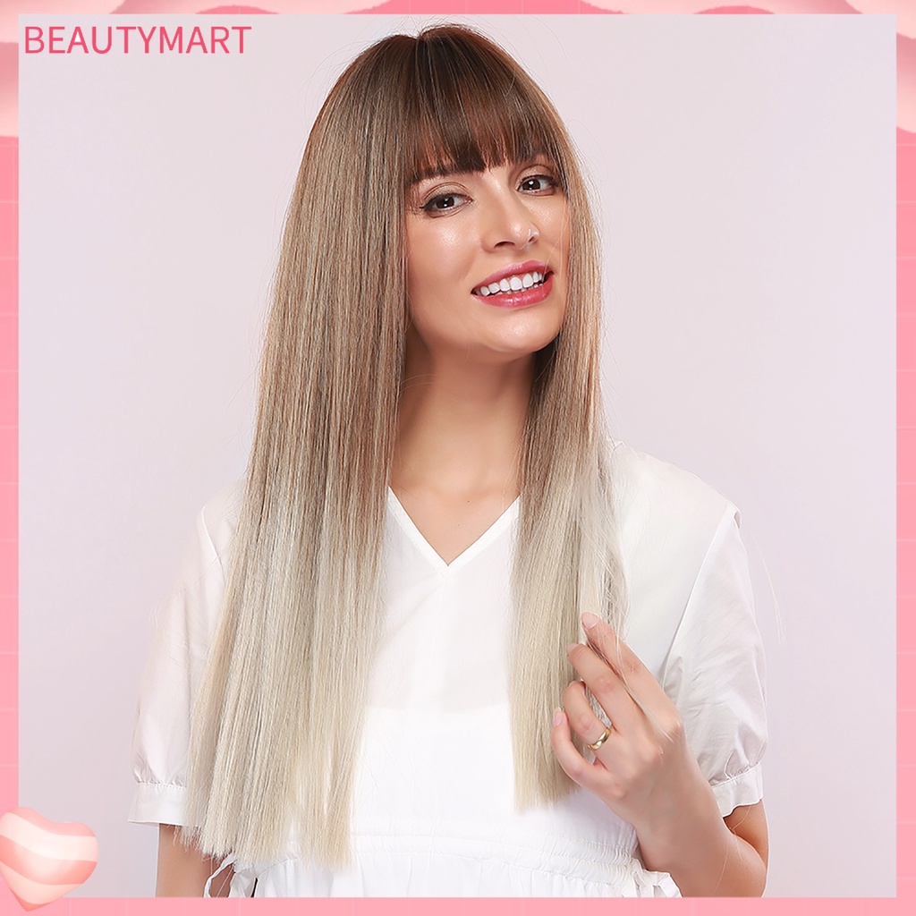 Bộ Tóc Giả Dài Thẳng Tự Nhiên 24 Inch Chịu Nhiệt Kèm Mái Bằng Sợi Tổng Hợp Dành Cho Nữ