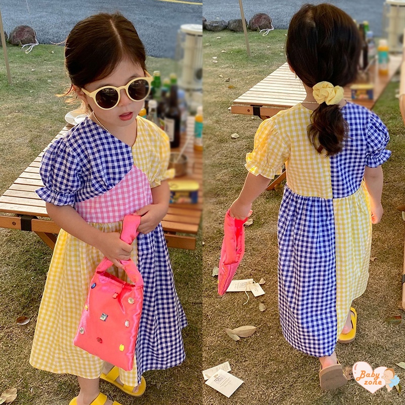 Đầm Công Chúa Tay Ngắn Phồng Cổ Chữ V In Họa Tiết Caro Thời Trang Mùa Hè Hàn Quốc Cho Bé Gái