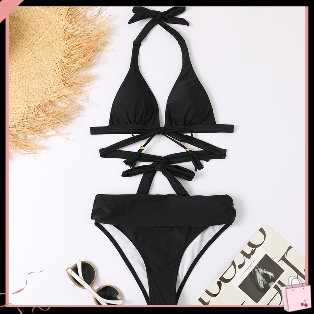 Bộ Đồ Bơi 2 Mảnh Màu Trơn Thắt Nơ Mềm Mại Dành Cho Nữ