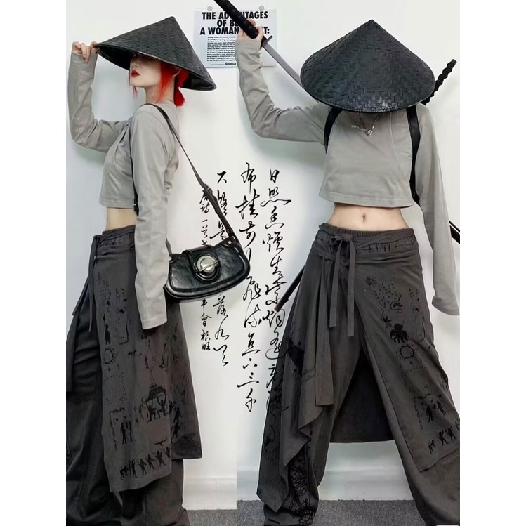 Hakama Quần Dài Dáng Suông Lưng Thun Giả Hai Mảnh Bất Đối Xứng Thời Trang Thường Ngày Cho Cặp Đôi Nam Và Nữ Y