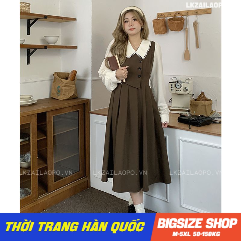 Đầm Bigsize Váy nữ dáng suông Giả Hai tay dài cổ bèo xếp ly mùa thu Phong cách Hàn Quốc Thời Trang cá tính xinh đẹp cho người mập béo nữ