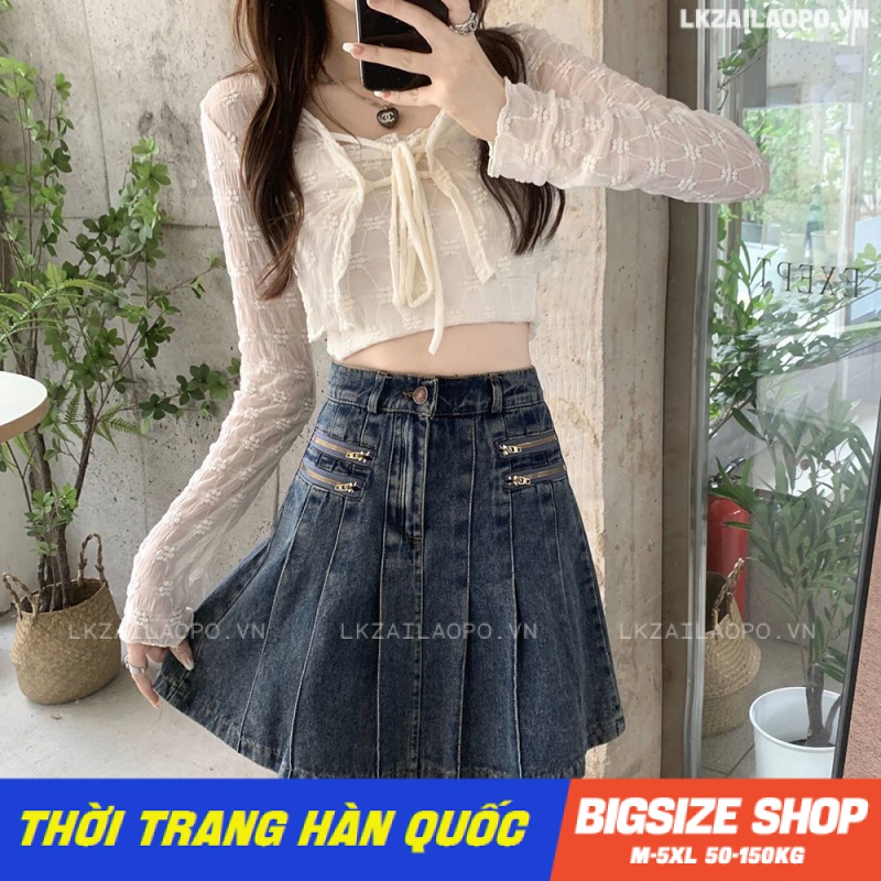 Chân váy bò ngắn Bigsize chân váy nữ jean lưng cao chữ a xếp ly mùa hè Phong Cách hàn quốc đẹp Thanh Lịch cho nữ