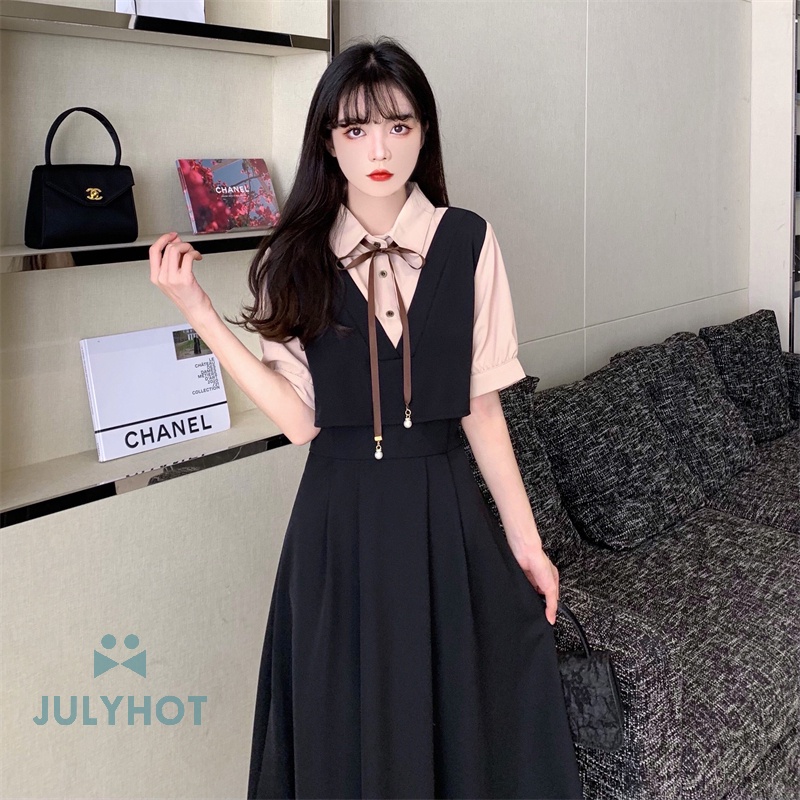 Mát A-line đơn giản giả hai mảnh ăn mặc thời trang Hàn Quốc Preppy phong cách mùa hè cổ điển phụ nữ Maxi Dress VN