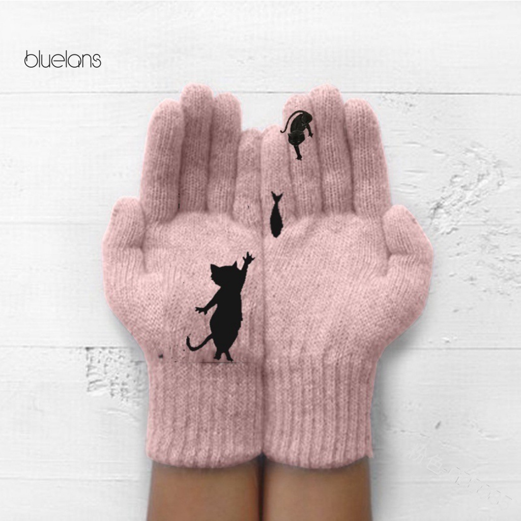 1 Đôi Găng Tay Dệt Kim Hình Mèo Hoạt Hình Cho Nữ