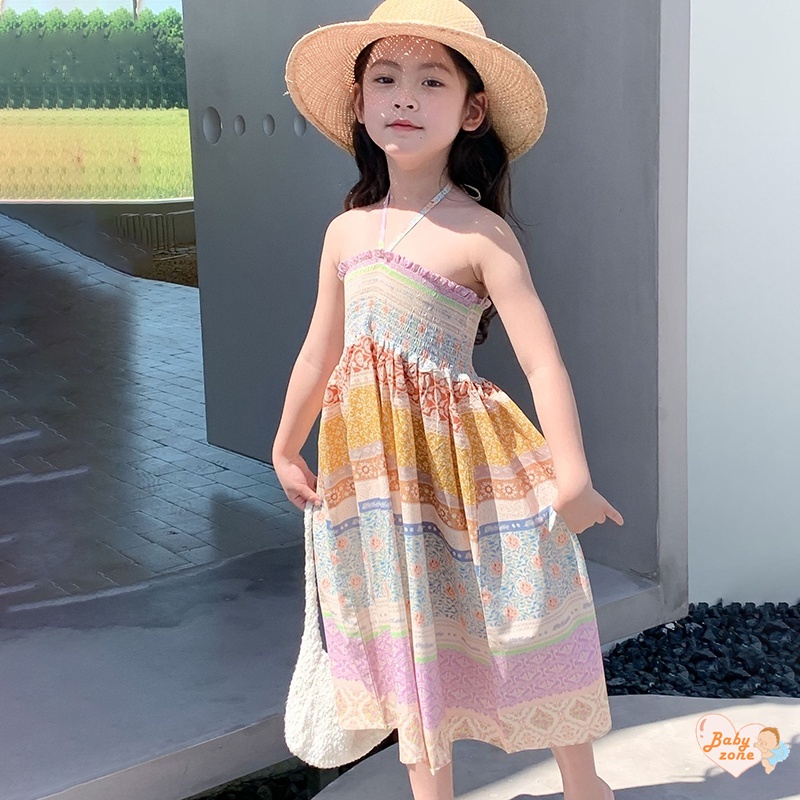 Korean Summer Girls' Ethnic Style Printed Pleated Drawstring Dress Children Baby Girl Seaside Vacation Style Beach Dress