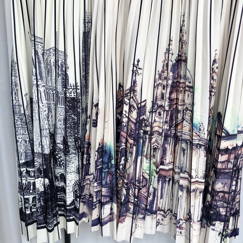 Chân Váy Chữ a Xếp Ly Kẻ Sọc In Hình Lâu Đài Thời Trang