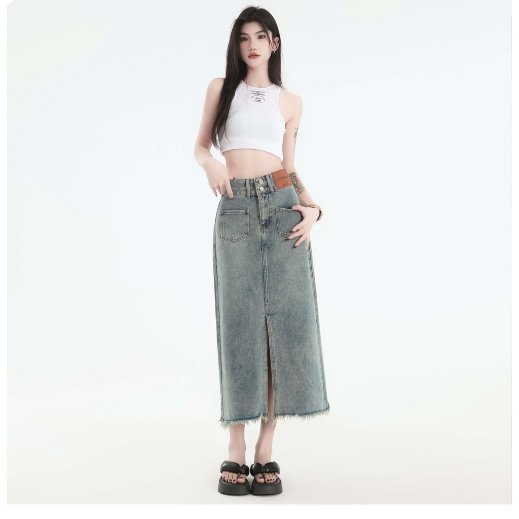 Chân Váy Jean Chữ a Lưng Cao Xẻ Tà Thời Trang Mùa Hè Phong Cách Mới Cho Nữ