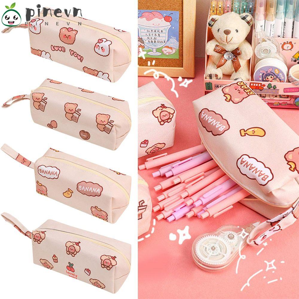 PINEVN Túi Đựng Bút Bằng Vải Canvas Đa Năng Họa Tiết Gấu Hoạt Hình Dễ Thương