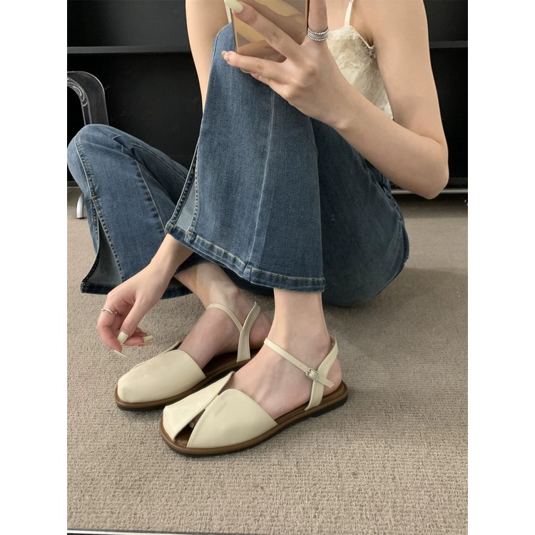 Giày Sandal Đế Bằng Phối Khóa Thời Trang Cho Nữ