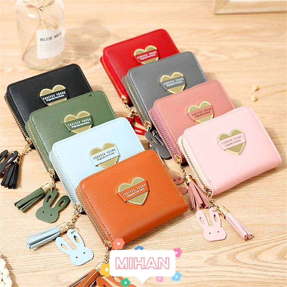 MIHAN1 Ví Ngắn Đựng Thẻ Có Khóa Kéo Phối Tua Rua Và Hình Trái Tim Dễ Thương