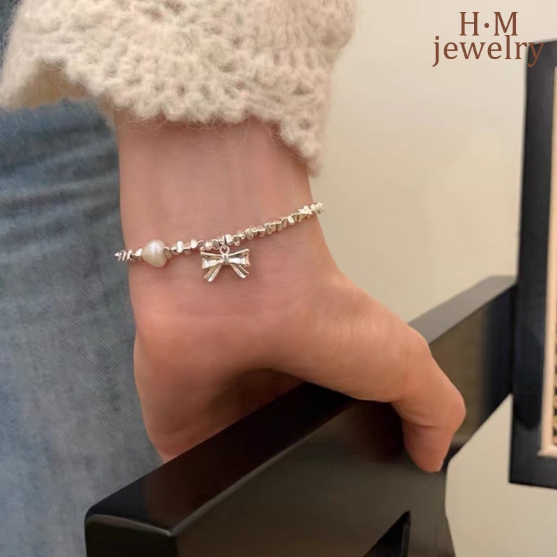 Vòng Tay Mạ Bạc 925 Hình Nơ Đính Ngọc Trai Đơn Giản Dễ Phối Đồ