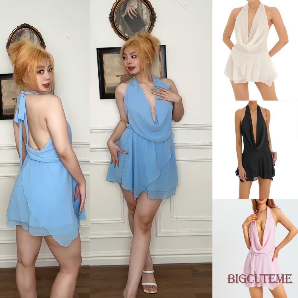 Đầm Ngắn Hai Dây Hở Lưng Màu Sắc Thời Trang Mùa Hè Cho Nữ