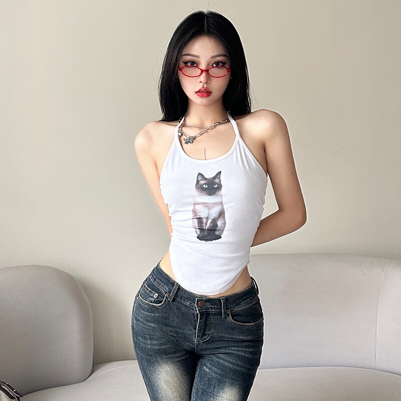 Kliou Áo Hai Dây Mùa Hè 2023 In Họa Tiết Mèo Dễ Thương Hợp Thời Trang Cho Nữ