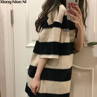XIANG NIAN NI Áo Thun Nữ Ngắn Tay Cổ Tròn Sọc Ngang Thời Trang
