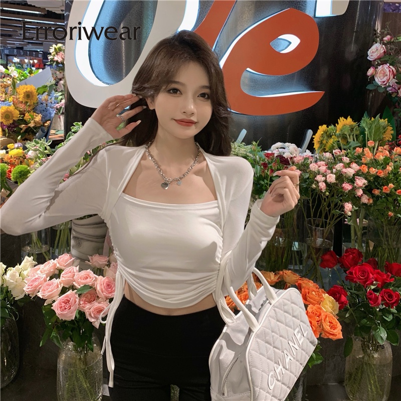 Áo thun Erroriwear dáng ngắn cổ vuông tay dài phối dây rút thời trang 2023 cho nữ