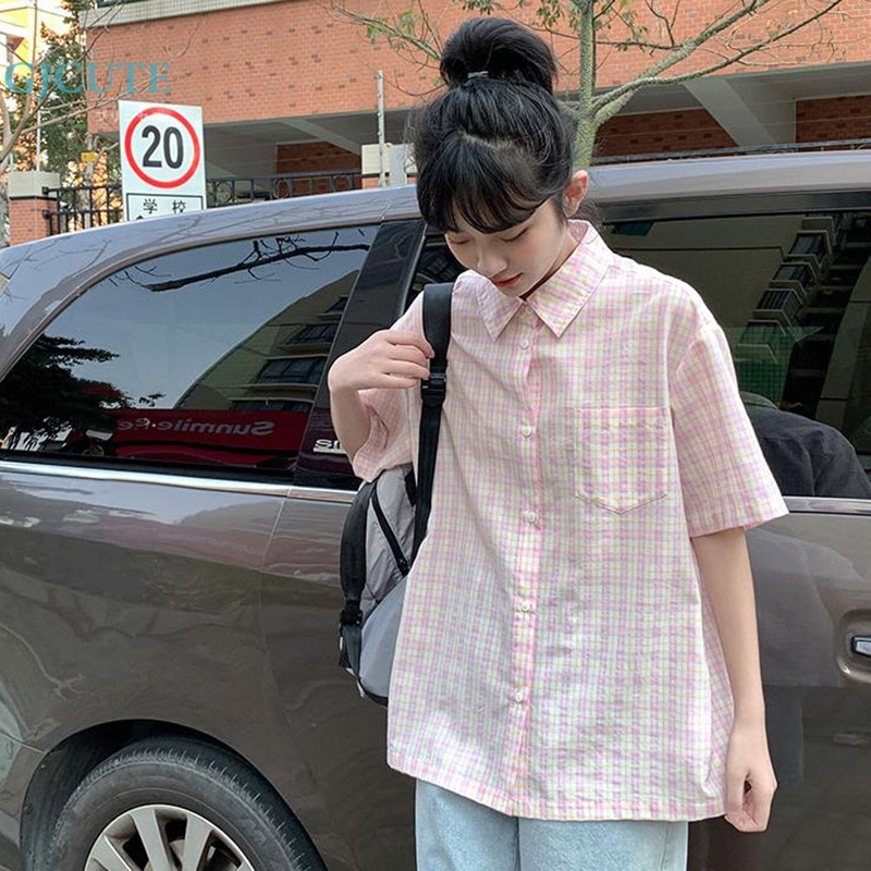 Áo Sơ Mi Ngắn Tay Họa Tiết Caro Ngọt Ngào Thời Trang Mùa Hè Cho Nữ