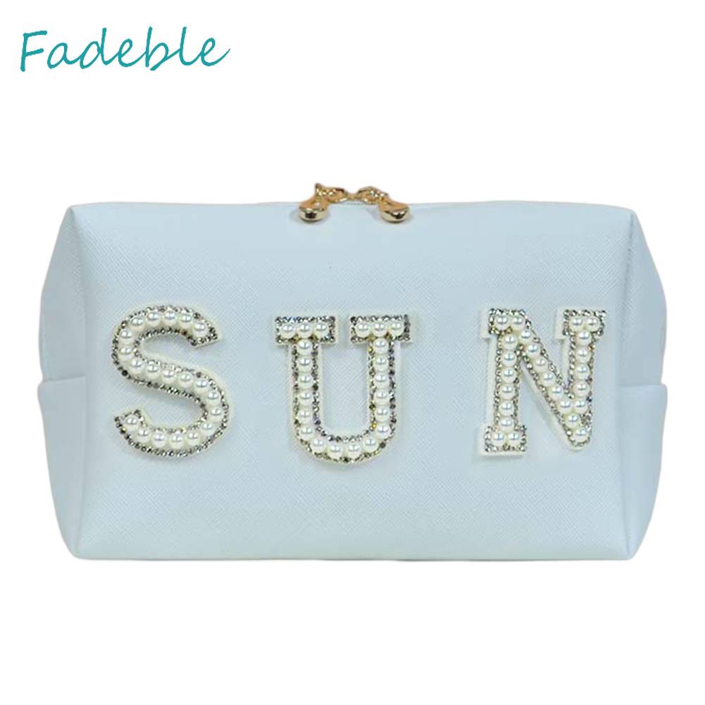 Túi Đựng Mỹ Phẩm Da PU In Chữ Có Khóa Kéo Tiện Dụng Mang Theo Du Lịch Cho Nữ